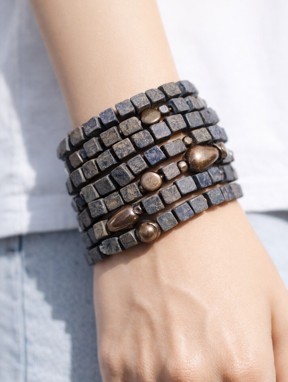 Chico's Blue-Gray Beaded Coil Bracelet with Metallic Accents Statement Jewelry